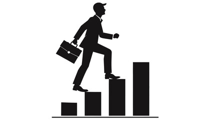 Businessman climbing up bar graph with briefcase in hand