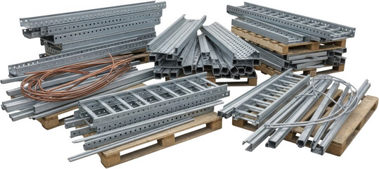 A collection of metal cable trays ladders and copper pipes are neatly stacked on wooden pallets ready for construction and electrical installation projects conduit industry material