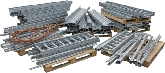 A collection of metal cable trays ladders and copper pipes are neatly stacked on wooden pallets ready for construction and electrical installation projects conduit industry material
