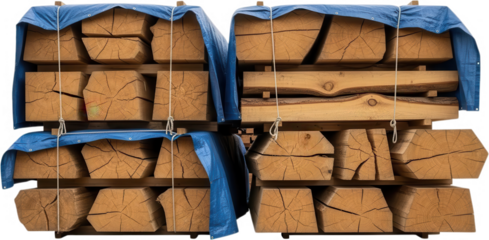 Stacks of raw oak timber beams many with visible growth rings and natural cracks are covered with blue tarpaulins and secured with rope wood lumber rustic cracked texture storage construction