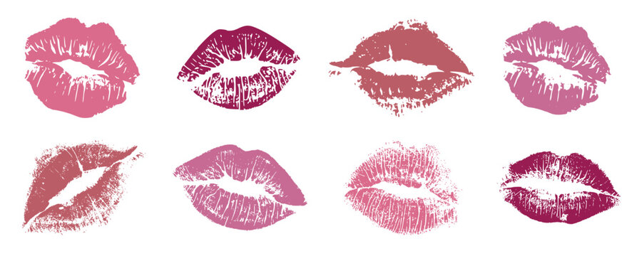 set of lipstick kiss mark icons in flat style