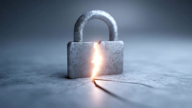 Cyber security data breach broken padlock internet safety password crack digital risk online privacy information leak hacking concept network threat security padlock cracked broken cyber data