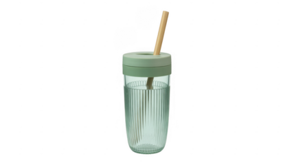 Green tumbler with bamboo straw and lid reusable cup isolated on a transparent background