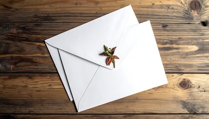 Two white envelopes, one topped with a small dry leaf, sit on warm-toned weathered wooden planks