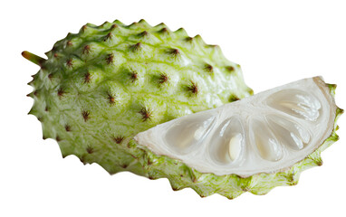 Ripe soursop fruit displayed in slices emphasizing fibrous interior, vibrant color, and edible appeal isolated on transparent background PNG