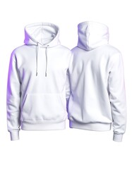 Two white hooded sweatshirts, front and back views, with gentle folds, and isolated on a bright background