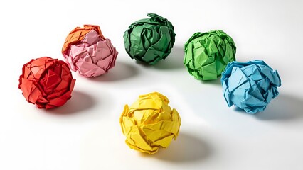 Collection of brightly colored crumpled paper balls carefully arranged on a clean white surface symbolizing discarded ideas or creative messes