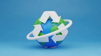 Recycling symbol encircles a stylized Earth globe on a vibrant blue background, symbolizing global environmental protection.