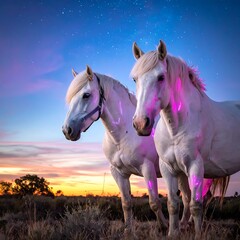 Two white horses stand in a field at sunset with a colorful sky and a few visible stars