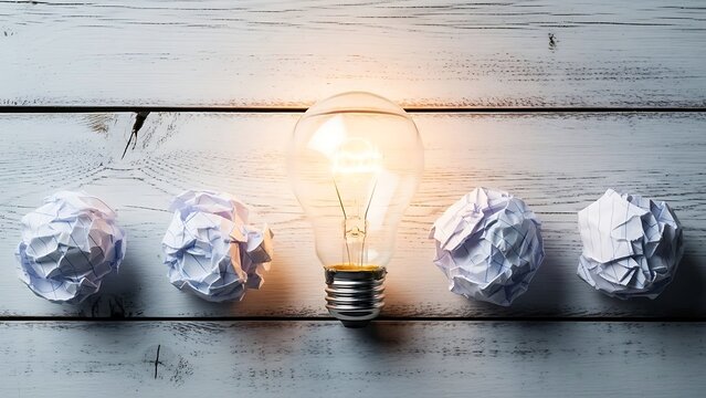 Bright glowing incandescent light bulb shines triumphantly between several crumpled rejected paper balls representing failed ideas and new inspiration beginning - Powered by Adobe