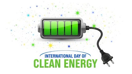 Full battery icon with a plug, representing charged clean energy for the International Day of Clean Energy celebration.