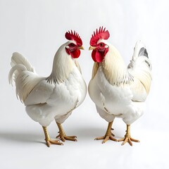 Fototapeta premium Two white roosters stand facing each other against a plain white backdrop in a well-lit studio shot