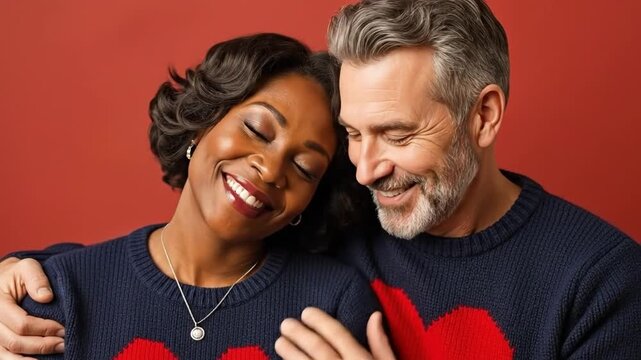 Happy Middle-Aged Mixed-Race Couple Embracing with Heart Sweaters on Red Background