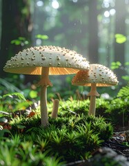 Two white, speckled mushrooms grow amid green moss, illuminated by soft light in a lush forest setting