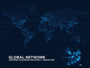 ヨーロッパとアフリカ大陸を中心とした世界地図のドットマップと、デジタルなグローバルネットワーク © goleiro35