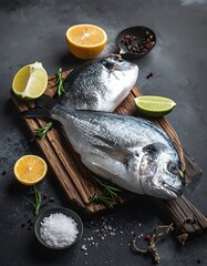 Two whole raw silver fish sit on a wood board, enhanced by lemon, lime, salt and pepper on a textured grey background