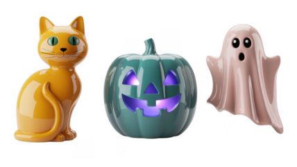 Halloween decorations with cat, pumpkin, and ghost isolated on a transparent background