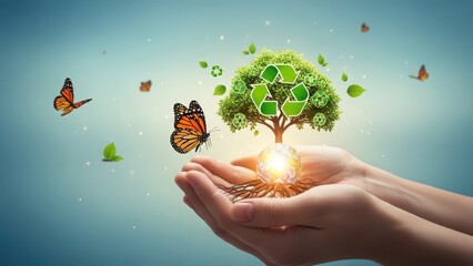 Hands cradle a tree with recycling symbols as leaves and Earth at its center, symbolizing environmental care.