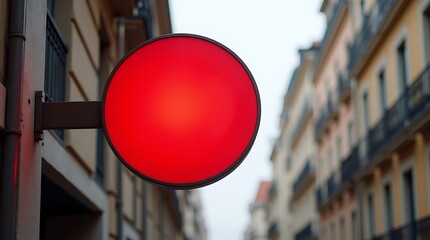 A red stop sign mounted on a pole in front of a blurred city street with buildings