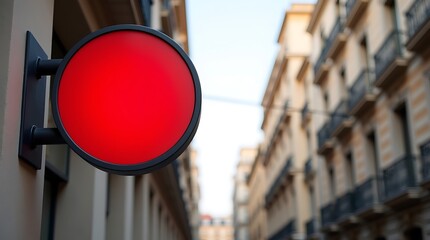 A red circular sign mounted on a beige building in an urban setting with blurred background of tall buildings and blue sky