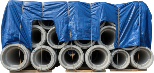 A stack of large gray concrete pipes partially covered with a bright blue tarp and secured with ropes prepared for transport construction materials industrial infrastructure building