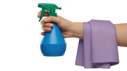 Hand holding blue spray bottle with green cap isolated on a transparent background