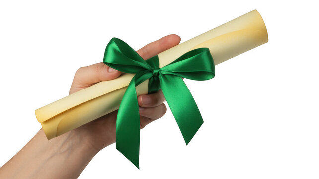 Hand holding rolled up diploma with green ribbon isolated on a transparent background