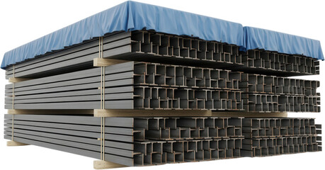 Stacked I beam steel construction materials covered by a blue protective tarp resting on wooden beams ready for industry use Ibeam metal industrial iron fabrication warehouse building