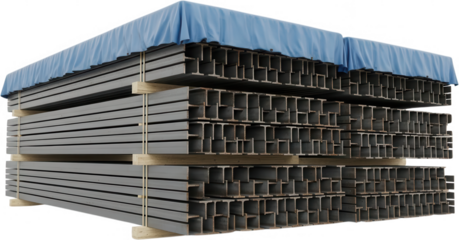 Stacked I beam steel construction materials covered by a blue protective tarp resting on wooden beams ready for industry use Ibeam metal industrial iron fabrication warehouse building