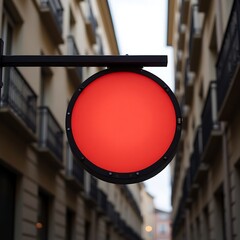 A red traffic light hangs above a narrow city street with tall buildings on either side