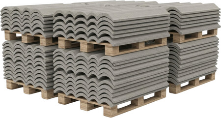 Stacks of grey concrete roof tiles with wavy edges are neatly arranged on wooden pallets ready for construction and building projects building materials stacked material exterior architecture