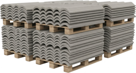 Stacks of grey concrete roof tiles with wavy edges are neatly arranged on wooden pallets ready for construction and building projects building materials stacked material exterior architecture
