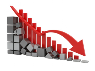 Declining business trend with red arrow isolated on transparent background. Declining bar graph with red arrow