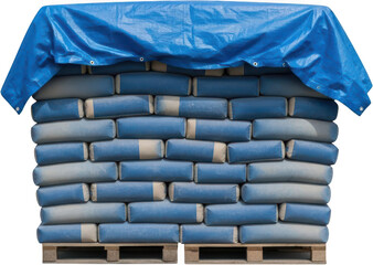 A neatly stacked wall of numerous blue and beige sacks of building material protected by a blue tarp draped over the top This construction supply is stored outdoors bags cement sand