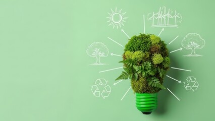 Green light bulb made of grass with renewable energy symbols on light green background
