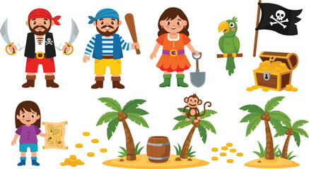 Fototapeta premium Cute cartoon pirate characters set illustration, kids adventure theme with treasure island, pirates, parrot, map, gold coins, colorful vector design