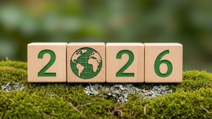 Wooden blocks with numbers 20 and earth icons on green moss, representing environmental date