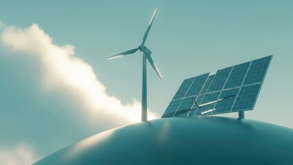 Minimalist landscape with a wind turbine and solar panel on a hill under a cloudy sky.