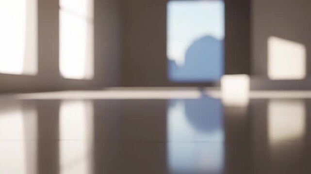 Blurry interior scene with windows and reflective floor in a room