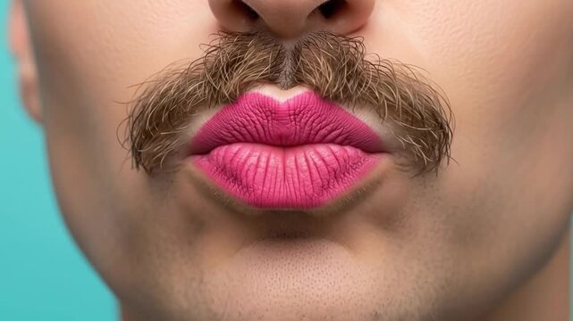 Close-Up of Male Lips with Bold Pink Lipstick and Handlebar Mustache Against Light Blue Background