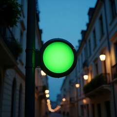 A green traffic light stands out against the evening sky in a quiet city street