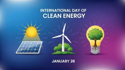 International Day of Clean Energy on January 26 with solar, wind, and lightbulb tree.