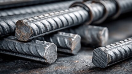 Stacked rebar shows ribbed texture and rough ends, bathed in cool-toned lighting