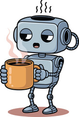Fototapeta premium Vector Illustration of a Cute Tired Robot Character Holding a Steaming Cup of Coffee for Morning Concept Design