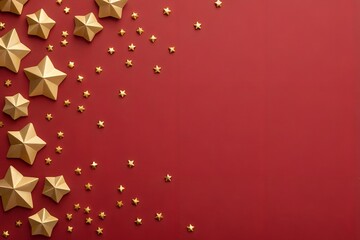 Gold stars scattered on red background symbolizing celebration, luxury and festive atmosphere. Elegant composition ideal for holiday sales, promotions, banners and premium design.