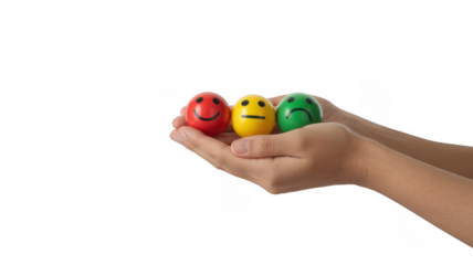 Hands holding smiley balls from different angle colorful isolated on a transparent background