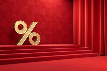 Gold percent symbol on red stage representing discount, sale and luxury promotion. Elegant scene ideal for sales banners, special offers, marketing campaigns and retail design.