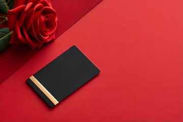 Black gift card with gold accent on red background with rose symbolizing luxury, romance and elegance. Stylish scene perfect for gift cards, branding, promotions and premium design.