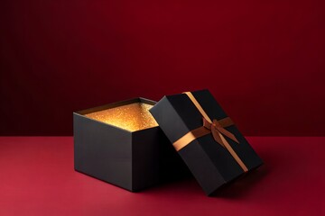 Open black gift box with gold interior on red background symbolizing surprise, luxury and premium presentation. Elegant scene ideal for gifts, holidays, promotions and branding.