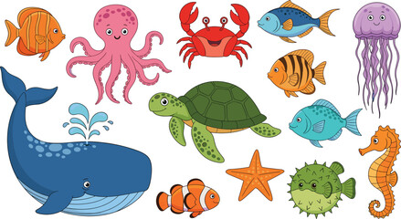 Cute cartoon sea animals collection, with whale octopus turtle fish jellyfish starfish crab seahorse vector illustration for kids education design © Salman